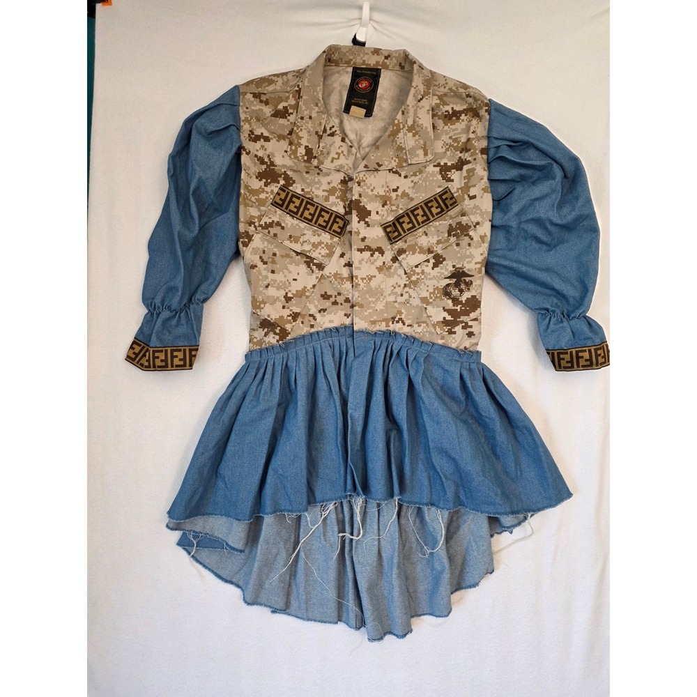 Upcycled USMC MARPAT Camo Peplum Jacket Dress Custom Chambray Puff Sleeve L